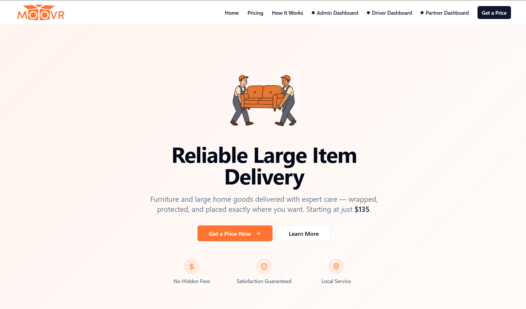 Moovr public website homepage for large item delivery