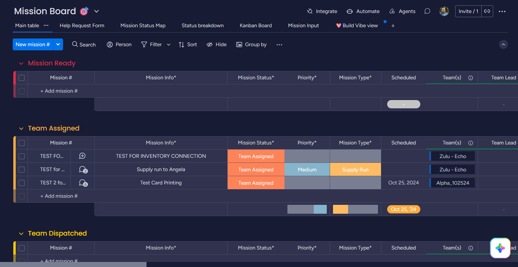 Mission board tracking mission status, teams, and dispatch
