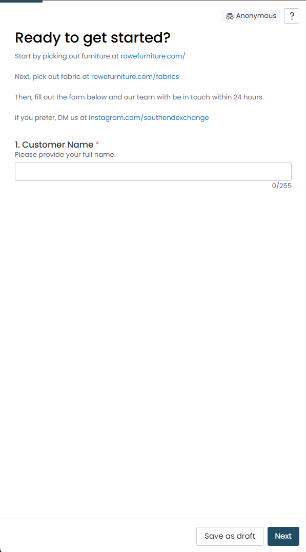 Custom furniture order intake form