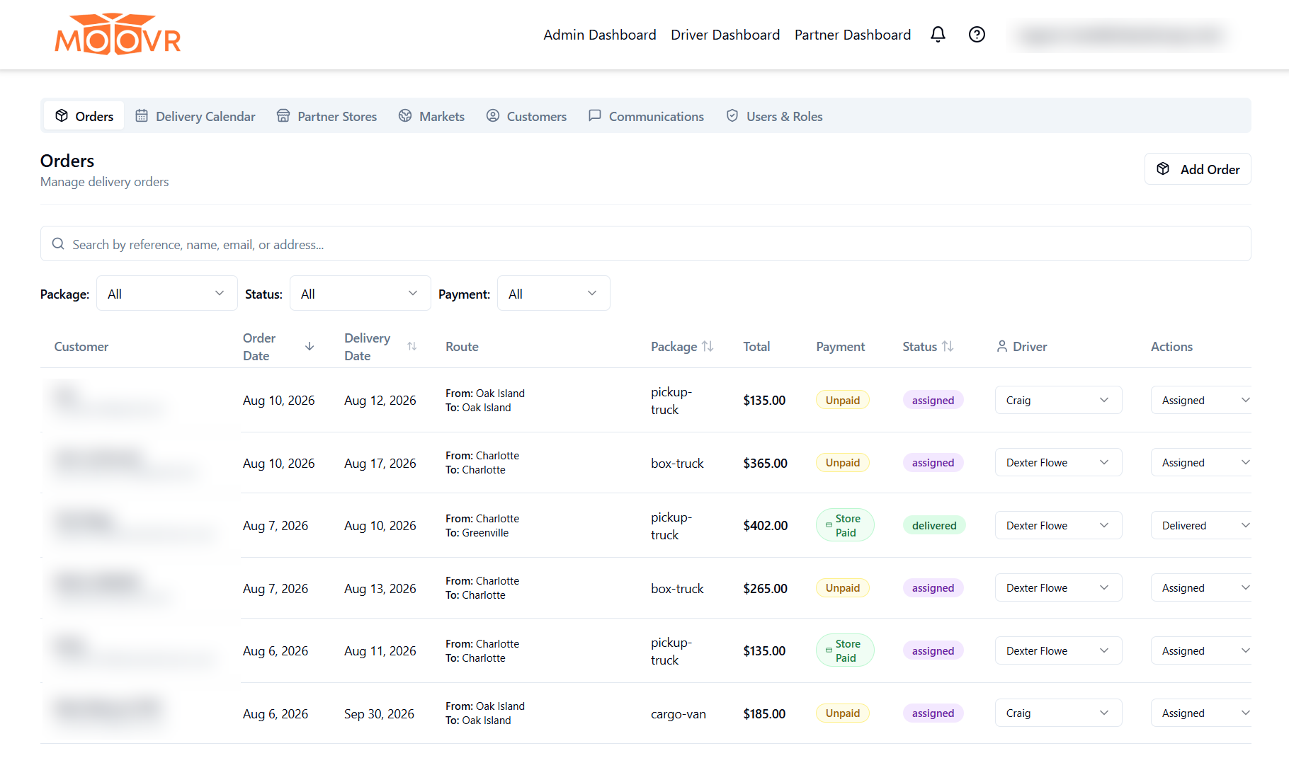 Moovr admin dashboard showing the delivery orders board